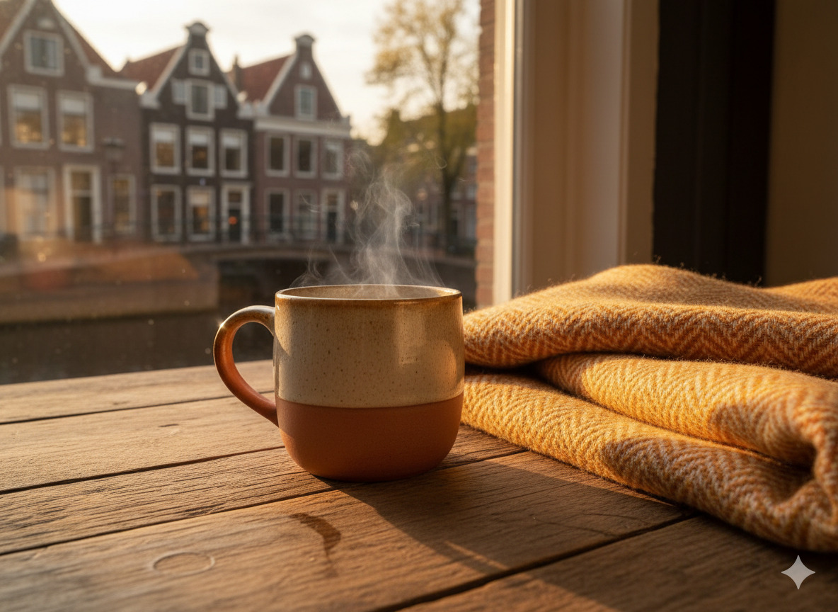 Warm mug and folded textile on a wooden surface in soft evening light in the Netherlands